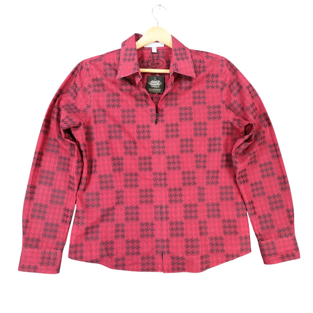 Foxcroft Women's 12 Red Houndstooth Zip Up Non-Iron Fitted Shirt